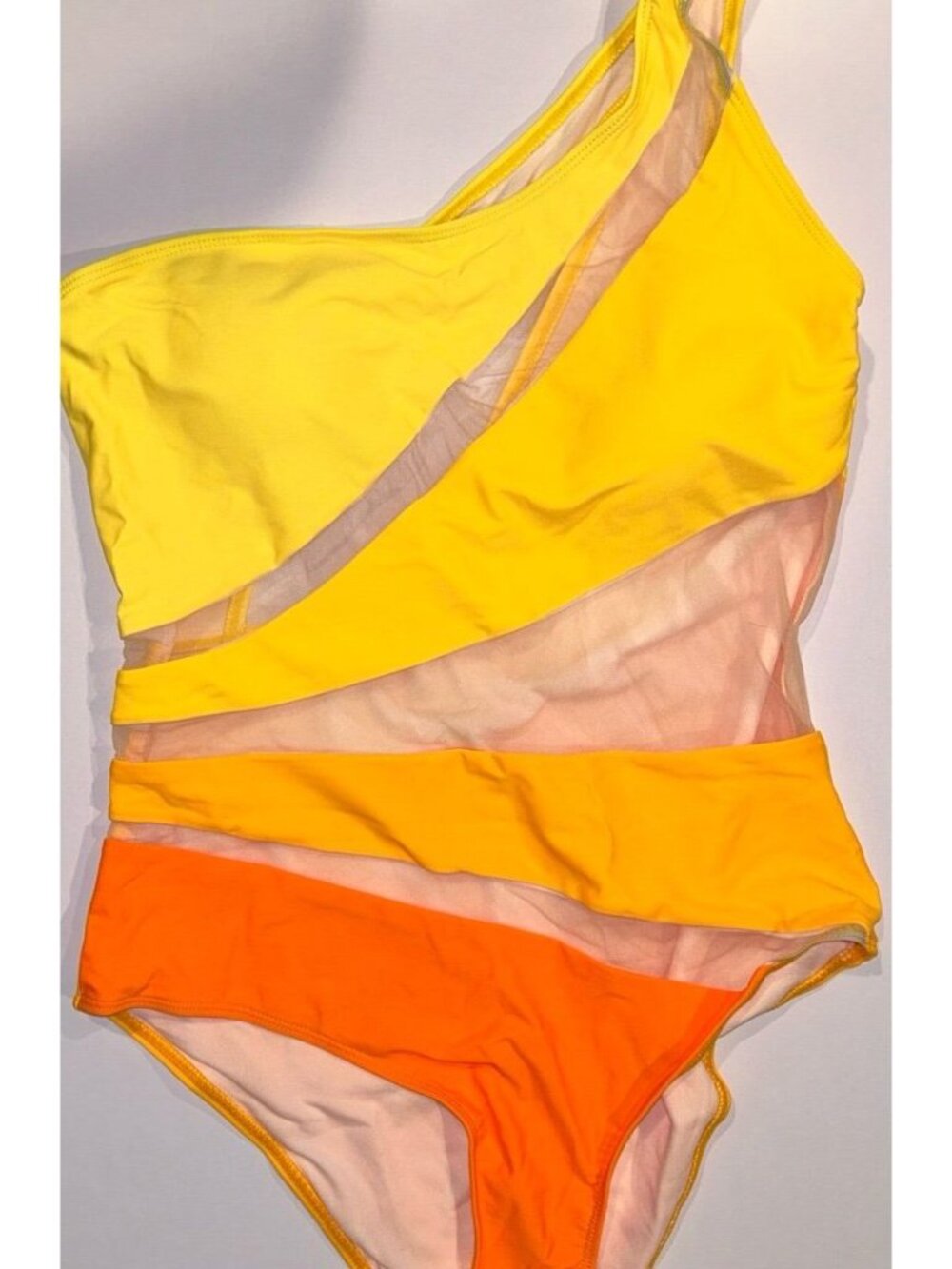 One Shoulder Sexy Cutout One Piece Swimsuit Mesh Sz L Orange Yellow Beach